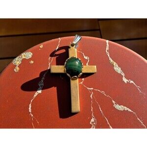 Vintage Gold Tone Cross Green Oval Center Stone Pendant Small 1.25" Jewelry